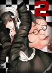  1boy 1girl bangs black-framed_eyewear black_hair blunt_bangs bonnet celestia_ludenberg claw_ring commentary_request danganronpa:_trigger_happy_havoc danganronpa_(series) drill_hair fat fat_man frills glasses gothic_lolita hair_horns hand_up jacket lolita_fashion long_hair looking_at_viewer necktie open_clothes open_jacket red_eyes red_necktie round_eyewear sakuyu shiny shiny_hair shirt short_hair smile twin_drills twintails white_shirt yamada_hifumi 