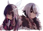  2girls absurdres arlecchino_(genshin_impact) bangs black_hair closed_eyes coat columbina_(genshin_impact) cross-shaped_pupils fur-trimmed_coat fur_trim genshin_impact hair_between_eyes highres long_hair multicolored_hair multiple_girls ookami_ciro open_mouth purple_hair short_hair simple_background smile streaked_hair two-tone_hair white_background white_hair white_mask wing_hair_ornament 