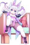  1girl alternate_costume animal_ears backpack bag blue_eyes brown_pantyhose closed_mouth commentary_request dragon_girl dragon_horns english_commentary fake_animal_ears highres horns hot_vr kanna_kamui kobayashi-san_chi_no_maidragon leotard long_hair looking_at_viewer low_twintails on_chair pantyhose pink_leotard pixiv_username playboy_bunny rabbit_ears randoseru shoes simple_background sitting sneakers solo subscribestar_username thighhighs twintails white_background white_thighhighs 