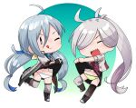  2girls :q ahoge asashimo_(kancolle) asashimo_kai_ni_(kancolle) black_gloves blue_hair blue_panties blush boots closed_eyes clothes_lift coat fairy_(kancolle) full_body gloves green_panties grey_hair grey_thighhighs hair_between_eyes hair_over_one_eye kantai_collection kiyoshimo_(kancolle) kiyoshimo_kai_ni_(kancolle) lifted_by_self long_hair low_twintails multiple_girls nassukun one_eye_closed open_mouth panties partially_fingerless_gloves ponytail sharp_teeth simple_background teeth thighhighs tongue tongue_out twintails underwear very_long_hair 