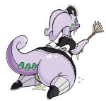  2018 alpha_channel anthro black_clothing bodily_fluids butt clothed clothing dripping female genital_fluids genitals goodra green_eyes headgear headwear holding_object long_tail looking_at_viewer maid_uniform nintendo not_a_furfag pok&eacute;mon pok&eacute;mon_(species) purple_body purple_skin purple_tail pussy pussy_juice pussy_juice_drip pussy_juice_string simple_background solo transparent_background uniform video_games wide_hips 