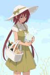  1girl airi_(queen&#039;s_blade) basket blue_eyes bottle bread casual commentary_request dress food ghost green_dress hat highres hitodama long_hair nifffi queen&#039;s_blade red_hair shirt sidelocks solo twintails two_side_up wine_bottle 