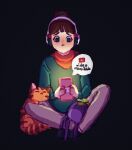 1girl 1other black_background brown_hair cat catstyle cellphone commentary flat_chest full_body green_sweater headphones highres indian_style lofi_girl lofi_girl_(youtube) looking_at_phone phone ponytail red_scarf scarf sitting smartphone solo_focus stuffed_toy sweater tabby_cat wireless youtube 