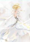  1girl arm_at_side bare_shoulders blonde_hair dress facing_away flower from_behind from_below genshin_impact gloves hair_flower hair_ornament highres holding holding_sword holding_weapon lumine_(genshin_impact) marumoru outstretched_arm short_hair_with_long_locks solo standing sword weapon wedding_dress white_dress white_flower white_gloves white_theme 