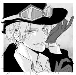  1boy close-up coat collared_shirt commentary_request gloves goggles goggles_on_headwear greyscale hat highres looking_at_viewer male_focus monochrome nakumonaga_uma one_piece sabo_(one_piece) scar scar_on_face shirt short_hair simple_background smile solo top_hat 