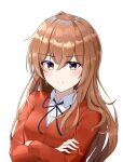  19956802168 1girl aisaka_taiga bangs blue_ribbon brown_eyes brown_hair chinese_commentary closed_mouth crossed_arms jacket light_blush long_hair long_sleeves looking_at_viewer neck_ribbon red_jacket ribbon shirt solo toradora! upper_body white_background white_shirt 