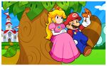  1boy 1girl blonde_hair blue_overalls blue_sky boots border brooch brown_footwear brown_hair cloud crown day dress earrings elbow_gloves facial_hair gloves grass hat highres jewelry leaf long_hair mario mario_(series) mustache one_eye_closed open_mouth outdoors outside_border overalls pink_dress princess_peach princess_peach&#039;s_castle puffy_short_sleeves puffy_sleeves red_hat red_shirt shirt short_hair short_sleeves sitting sky sphere_earrings super_leaf super_mario_3d_land tail_tree tree vinny_(dingitydingus) white_border white_gloves 