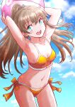  1girl aqua_eyes armpits arms_up ball beachball bikini blue_sky brown_hair cloud commentary_request fuji_(pixiv24804665) highres kantai_collection kumano_(kancolle) long_hair looking_at_viewer orange_bikini ponytail side-tie_bikini sky smile solo swimsuit zipper 