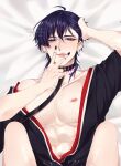  1boy abs absurdres artist_name bare_legs collar collarbone cum genshin_impact highres japanese_clothes male_focus muscular muscular_male open_clothes open_shirt purple_eyes purple_hair rourouki scaramouche_(genshin_impact) short_hair solo spread_legs tongue tongue_out twitter_username v v_over_mouth 