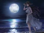  1girl :d barefoot black_hair blurry blurry_background breasts brown_eyes cleavage dress fate/empire_of_dirt floating_hair full_moon game_cg hat large_breasts long_dress long_hair looking_at_viewer moon multicolored_hair night ocean pink_hair sesshouin_kiara sleeveless sleeveless_dress smile solo straw_hat sun_hat sundress tsuki_tokage two-tone_hair very_long_hair walking white_dress 