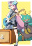  1girl :d absurdres bellibolt between_breasts bike_shorts bow-shaped_hair breasts commentary_request ebi-chan_(tvyd2583) electric_guitar grey_footwear grey_shirt guitar highres holding holding_instrument instrument iono_(pokemon) knees leg_up long_hair multicolored_hair open_mouth pokemon pokemon_(creature) pokemon_sv shirt shoes sleeveless sleeveless_shirt smile strap_between_breasts teeth thigh_strap twintails two-tone_hair upper_teeth_only yellow_background 