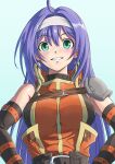  1girl ahoge armor blush breasts commentary_request dress fire_emblem fire_emblem:_path_of_radiance funami_dingo green_eyes hairband highres long_hair looking_at_viewer mia_(fire_emblem) orange_dress pauldrons purple_hair shoulder_armor single_bare_shoulder single_pauldron smile solo upper_body white_hairband 