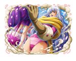  2girls blue_eyes breasts brown_gloves cake charlotte_smoothie cup devil_fruit_power dress drinking_glass english_commentary food gloves hair_over_one_eye juice large_breasts lipstick long_hair makeup multiple_girls official_art one_eye_covered one_piece one_piece_treasure_cruise open_mouth scarf smile thighs wavy_hair white_hair wringing yellow_scarf 