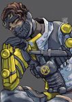  1boy absurdres animal_print apex_legends black_gloves brown_eyes brown_hair dark-skinned_male dark_skin gloves grey_background grey_jacket head_tilt highres jacket knife leopard_print looking_at_viewer male_focus mask menrui_(udonumaisaiko) mirage_(apex_legends) mouth_mask multicolored_clothes multicolored_jacket night_crawler_mirage official_alternate_costume solo two-tone_jacket yellow_jacket 