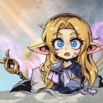  1girl alternate_ears alternate_form armor bangs bed blonde_hair blue_eyes brown_hairband collarbone fang hairband indoors league_of_legends light long_hair lux_(league_of_legends) open_mouth parted_bangs phantom_ix_row pillow pointy_ears shoulder_armor solo 