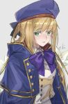  1girl artoria_caster_(fate) artoria_caster_(second_ascension)_(fate) artoria_pendragon_(fate) bangs beret black_bow blonde_hair blue_cloak blue_headwear blush bow buttons cloak collar collared_shirt eiki_(eikityou_55) fate/grand_order fate_(series) flower gem gold_trim green_eyes green_gemstone hair_between_eyes hair_bow hat highres long_hair long_sleeves looking_at_viewer open_mouth purple_bow shirt skirt solo teeth twintails white_background white_flower white_shirt white_skirt 