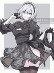  1girl 2b_(nier:automata) black_dress black_hairband blue_eyes border breasts cleavage cleavage_cutout clothing_cutout commentary_request copyright_name dress grey_background hair_between_eyes hairband highres medium_breasts medium_hair mole mole_under_mouth nier:automata nier_(series) ominemmist outside_border puffy_sleeves simple_background solo standing white_border white_hair 