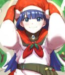  1girl aoba_(smartbeat) apron bangs belt blue_eyes breasts brooch brown_shirt fate/grand_order fate_(series) hat jewelry long_hair long_sleeves looking_at_viewer martha_(fate) martha_(santa)_(fate) mittens off_shoulder pouch purple_hair red_headwear red_skirt santa_hat shirt skirt small_breasts smile solo white_apron 