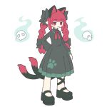  1girl :3 acid_burritos animal_ears black_bow black_dress black_footwear bow braid cat_ears cat_girl cat_tail closed_mouth commentary dress english_commentary extra_ears full_body hair_bow highres hitodama kaenbyou_rin long_hair long_sleeves looking_at_viewer multiple_tails red_eyes red_hair side_braids simple_background skull solo standing tail touhou twin_braids two_tails white_background 