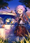  2girls :3 :d =_= absurdres ap04astral bird blue_hair blue_sky blurry blurry_foreground camera car clear_sky commentary_request cowboy_shot depth_of_field grass green_eyes highres hiiragi_kagami holding holding_camera izumi_konata jacket jitome looking_at_another lucky_star motor_vehicle mountainous_horizon multiple_girls neck_ribbon outdoors panties red_jacket red_ribbon red_skirt ribbon shirt sitting skirt sky smile standing tree underwear white_panties white_shirt 