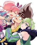  1boy 2girls bow breasts brown_eyes brown_hair cleavage dress glasses green_eyes green_hair hair_ornament headphones highres holding_hands large_breasts long_hair looking_at_viewer macross macross_7 macross_delta makina_nakajima multiple_girls nagisa_tomo nekki_basara open_mouth pink_hair reina_prowler round_eyewear shirt short_hair simple_background smile spiked_hair twintails walkure_(macross_delta) 