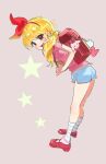  1girl aikatsu! aikatsu!_(series) blonde_hair blush bow full_body grey_background hair_bow hairband highres hoshimiya_ichigo low_twintails open_mouth pink_eyes pink_footwear pink_shirt red_bow red_hairband shirt shoes short_sleeves shorts simple_background smile socks solo star_(symbol) striped_clothes striped_socks sycisycii twintails white_shorts 