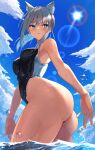  1girl animal_ears ass bare_shoulders blue_archive blue_eyes blush breasts eel_mizue highleg highleg_swimsuit highres in_water looking_back shiroko_(blue_archive) solo sunlight swimsuit thick_thighs thighs turning_head water white_hair 