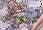  anthro canid canine cerberus_(artist) city city_background comic dialogue_box english_text female footprints fox humor lawyer macro male mammal not_big_and_not_clever procyonid raccoon rachel_(character) studded_belt text traditional_media_(artwork) vehicle_destruction 