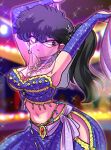  1girl armpit_peek arms_up belly_dancing belt black_hair blurry blurry_background breasts bridal_gauntlets choker cleavage dancing earrings eyeshadow frilled_bustier gloves gold_belt gold_necklace grey_eyes hair_ornament harem_outfit highres hip_vent jewelry kunou_kodachi large_breasts looking_at_viewer loose_skirt makeup mouth_veil narrow_waist navel necklace pearl_earrings pink_eyeshadow purple_belt purple_bridal_gauntlets purple_bustier purple_choker purple_gloves purple_skirt ranma_1/2 side_ponytail signature silk skirt sparkle sparkle_print veil waist_jewel wanta_(futoshi) wide_hips 
