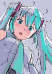  1girl :o ? aqua_eyes aqua_hair aqua_necktie blush breasts commentary detached_sleeves from_below grey_shirt hair_ornament hatsune_miku long_hair looking_at_viewer looking_down mayo_riyo necktie open_mouth pov shirt sketch sleeveless sleeveless_shirt small_breasts solo twintails vocaloid 