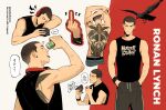  1boy alcohol anger_vein back back_tattoo bandaid bandaid_on_cheek bandaid_on_face beer bird black_hair black_tank_top black_wristband blue_eyes buzz_cut can catbishonen chainsaw_(the_raven_cycle) character_name cowboy_shot cropped_torso crow drooling english_text hands_in_pockets headphones heineken highres holding holding_can holding_syringe looking_at_viewer male_focus middle_finger mouth_drool ronan_lynch scar scar_on_arm short_hair sleeping smile solo_focus speech_bubble syringe tank_top tattoo the_raven_cycle toned toned_male tongue tongue_out topless_male very_short_hair zzz 