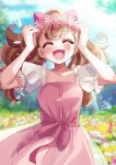  1girl artist_name blurry blurry_background brown_hair casual closed_eyes commentary_request day depth_of_field doroshii dress facing_viewer field flower flower_field frilled_sleeves frills hands_on_own_head head_wreath highres inukai_komugi long_hair open_mouth outdoors partial_commentary petals pink_dress precure puffy_short_sleeves puffy_sleeves short_sleeves signature smile solo split_ponytail twitter_username wind wonderful_precure! 