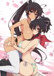  2girls ahoge asuka_(senran_kagura) bikini black_bikini black_hair black_thighhighs breasts brown_eyes dark-skinned_female dark_skin green_eyes hair_ribbon high_ponytail homura_(senran_kagura) large_breasts long_hair looking_at_viewer multicolored_stripes multiple_girls ponytail rainbow_bikini red_scarf ribbon scarf senran_kagura short_ponytail side-tie_bikini_bottom smile striped_bikini striped_clothes swimsuit thighhighs very_long_hair virus-g white_ribbon white_thighhighs 