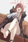  1girl :d anklet aru_(blue_archive) barefoot blue_archive blunt_bangs blush brown_coat brown_eyes brown_hair brown_horns coat coat_on_shoulders collared_shirt commentary_request crossed_legs curled_horns demon_girl demon_horns dress_shirt dutch_angle feet foot_out_of_frame foreshortening from_below fur-trimmed_coat fur_trim halo hand_up highres horns jewelry long_hair long_sleeves looking_at_viewer looking_down mino_(minori) neck_ribbon nervous_smile open_clothes open_coat open_mouth panties panty_peek pink_halo red_ribbon ribbon shirt sidelocks simple_background smile soles solo straight_hair sweatdrop thighs toes underwear v-shaped_eyebrows white_background white_panties white_shirt 
