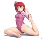  1girl athletic_leotard barefoot blue_eyes braid braided_ponytail chinese_clothes commentary_request feet finalcake full_body highres leotard long_hair pink_leotard ranma-chan ranma_1/2 red_hair simple_background single_braid smile soles solo stretching toes white_background 