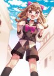  1girl :d artist_name backpack bag black_socks blue_sky blurry blurry_background bow bowtie brown_hair brown_sailor_collar brown_shorts brown_vest building cloud cloudy_sky commentary_request day depth_of_field doroshii hair_bow highres inukai_komugi long_sleeves looking_at_viewer open_mouth outdoors partial_commentary pink_bow pink_bowtie precure red_eyes sailor_collar school_uniform second_wangan_school_uniform shirt shorts signature sky smile socks solo split_ponytail standing twitter_username vest white_shirt wonderful_precure! 