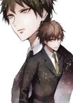  2boys ahoge bangs black_jacket black_necktie brown_eyes brown_hair brown_necktie closed_mouth collared_shirt danganronpa_(series) danganronpa_3_(anime) formal grey_background hinata_hajime jacket looking_at_viewer male_focus multiple_boys naegi_makoto necktie sakuyu shirt short_hair simple_background upper_body white_shirt 