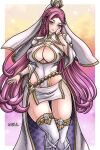  1girl bracelet braid breasts cleavage cleavage_cutout closed_mouth clothing_cutout cowboy_shot dress fire_emblem fire_emblem_heroes gold_trim hand_on_own_cheek hand_on_own_face highres jewelry kalesklok large_breasts loki_(fire_emblem) loki_(trickster_god)_(fire_emblem) long_hair looking_at_viewer official_alternate_costume pelvic_curtain purple_eyes purple_hair smile solo thighhighs very_long_hair waist_cape white_dress white_thighhighs 
