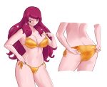  1girl absurdres adjusting_clothes adjusting_swimsuit ass bikini breasts cleavage cropped_legs facial_mark fire_emblem fire_emblem_engage gold_bikini groin hair_ornament highres large_breasts long_hair looking_at_viewer multiple_views nail_polish navel o-ring o-ring_bikini o-ring_top obsidianwasp one_eye_closed red_eyes red_hair side-tie_bikini_bottom simple_background smile solo star_(symbol) star_facial_mark star_hair_ornament swimsuit white_background yunaka_(fire_emblem) 