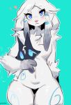  &lt;3 absurd_res anthro blue_eyes blush bovid canid caprine female fur hair hi_res holding_object kindred_(lol) lamb_(lol) league_of_legends looking_at_viewer mammal mask nihaku riot_games sheep simple_background solo video_games white_body white_fur white_hair 