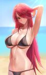  1girl arm_up armpits bare_shoulders beach bikini black_bra black_panties black_swimsuit blazblue blue_sky blush bra breasts cleavage collarbone covered_nipples curvy day hair_between_eyes hair_over_one_eye highres kaeru_(meriruou) konoe_a._mercury large_breasts looking_at_viewer mature_female navel ocean panties red_hair sand shaded_face sideboob skindentation sky solo stomach sunlight swimsuit underwear water wet 