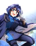  1girl blue_background blue_coat blue_eyes blue_hair blue_pants buttons coat coat_on_shoulders colored_inner_hair commentary ddolbang double-breasted earrings english_commentary gloves gradient_background highres hololive hololive_english jewelry long_sleeves looking_at_viewer military_uniform multicolored_hair official_alternate_costume open_mouth ouro_kronii ouro_kronii_(4th_costume) pants salute short_hair smile solo two-sided_coat two-sided_fabric uniform virtual_youtuber white_gloves wolf_cut 