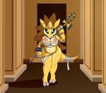  2018 2_toes anthro areola big_breasts blue_eyes bracelet breasts claws clothed clothing detailed_background egyptian egyptian_clothing egyptian_mythology feet female headgear headwear holding_object inside jewelry long_tail looking_at_viewer middle_eastern_mythology mythology navel nintendo nipples not_a_furfag pink_areola pink_nipples pok&eacute;mon pok&eacute;mon_(species) sandslash solo toes video_games wide_hips yellow_body yellow_ears yellow_skin yellow_tail 