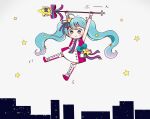  1girl :&gt; ahoge aqua_hair arms_up blush chibi cityscape dress future_eve_(vocaloid) gradient_hair hair_ornament hair_ribbon hanging hatsune_miku heart highres long_hair looking_down magical_mirai_(vocaloid) magimirai_miku magimirai_miku_(2022) microphone_wand multicolored_hair pink_dress pink_hair pink_ribbon ribbon rocket sleeveless sleeveless_dress smile solo star_(sky) star_(symbol) star_hair_ornament striped striped_ribbon thighhighs twintails very_long_hair vocaloid zuu100lev 