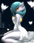  blush breasts chest_spike clothing dress female gardevoir hair hair_over_eye hi_res kneeling linna_(rilex_lenov) looking_at_viewer nintendo one_eye_obstructed partially_submerged pok&eacute;mon pok&eacute;mon_(species) ribombee rilex_lenov shiny_pok&eacute;mon solo spikes spikes_(anatomy) street_lamp video_games water 