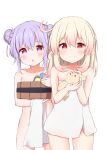  2girls ahoge bare_arms bare_shoulders blonde_hair blush chestnut_mouth closed_mouth collarbone cowboy_shot double_bun eyelashes flat_chest genshin_impact gradient_hair hair_between_eyes hair_bun hands_up highres holding holding_stuffed_toy holding_towel klee_(genshin_impact) looking_at_viewer medium_hair multicolored_hair multiple_girls naked_towel open_mouth pink_eyes pointy_ears purple_hair qiqi_(genshin_impact) red_eyes simple_background smile standing straight-on stuffed_toy towel tutsucha_illust white_background white_towel 
