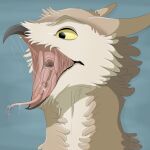  absurd_res ambiguous_gender anthro avian beak bird bodily_fluids dripping feathers forked_tongue hi_res long_tongue mouth_shot open_mouth owl piercing rose-colored_chimera saliva saliva_drip saliva_on_tongue saliva_string salivating solo tan_body tan_feathers throat tongue tongue_out vore 