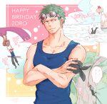  1boy blue_tank_top character_name cloud commentary_request crossed_arms earrings goggles goggles_on_head going_merry green_hair happy_birthday jewelry legs male_focus one_piece roronoa_zoro shina_(ooo417ooo) sideburns smile solo tank_top upside-down 