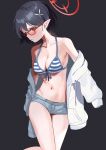  1girl absurdres ayane_(blue_archive) ayane_(swimsuit)_(blue_archive) bikini black_hair blue_archive blue_shorts blush breasts cleavage collarbone feet_out_of_frame glasses halo highres jacket large_breasts mochini navel official_alternate_costume open_clothes open_jacket parted_lips pointy_ears red-framed_eyewear red_halo short_hair short_shorts shorts sleeves_past_fingers sleeves_past_wrists solo striped_bikini striped_clothes swimsuit white_jacket yellow_eyes 