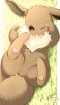  ;&lt; arm_up brown_eyes chita_(ketchup) closed_mouth commentary_request eevee hand_up highres looking_at_viewer lying no_humans on_back on_grass pokemon pokemon_(creature) signature solo 